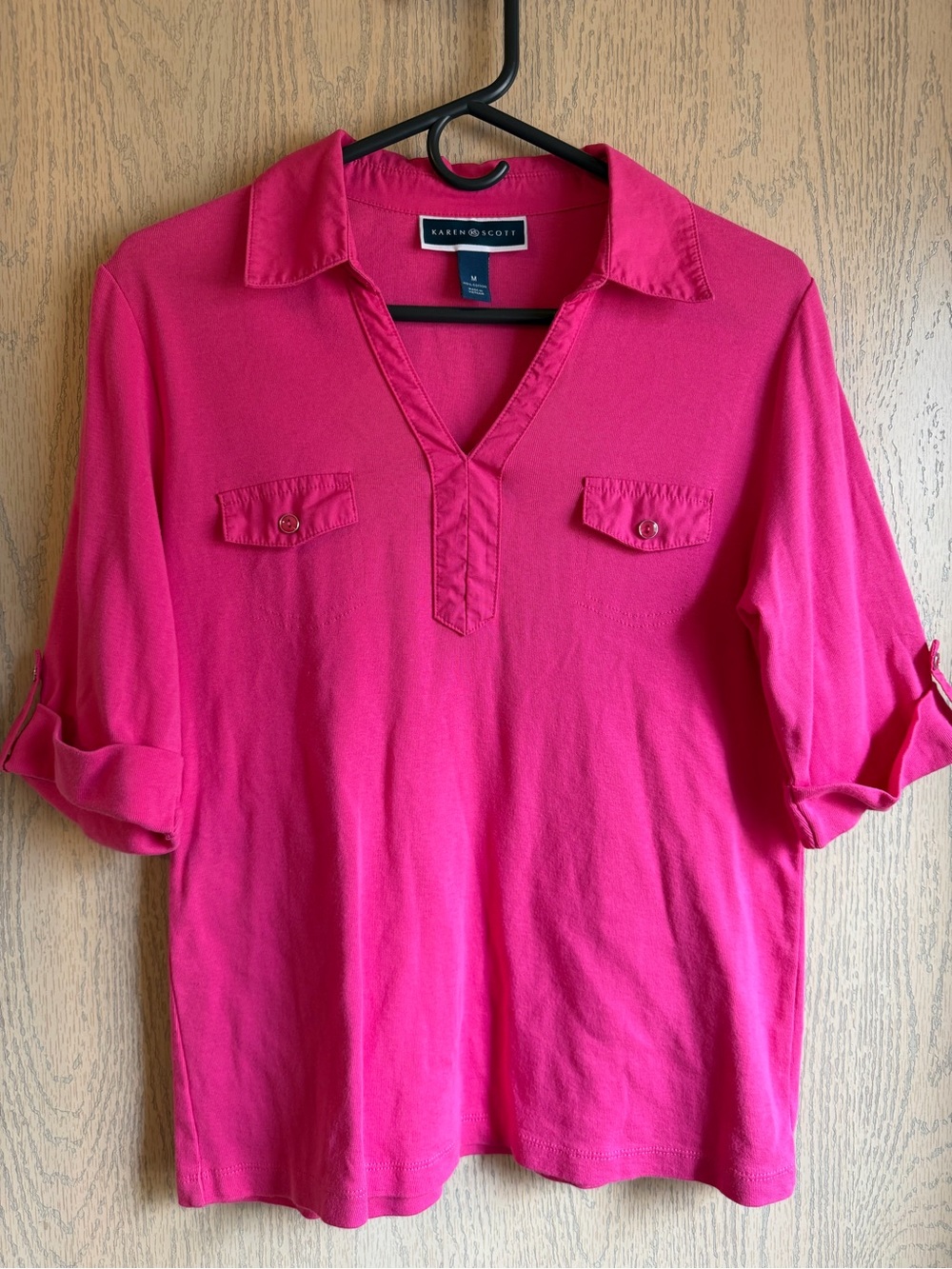 Karen Scott Hot Pink Split V-Neck Polo